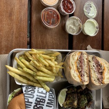 Gotts Roadside - Cheeseburger, Impossible Burger, Fried Brussels Sprouts, Garlic Fries, and all the sauces! - Burgers Near Me - Napa, California