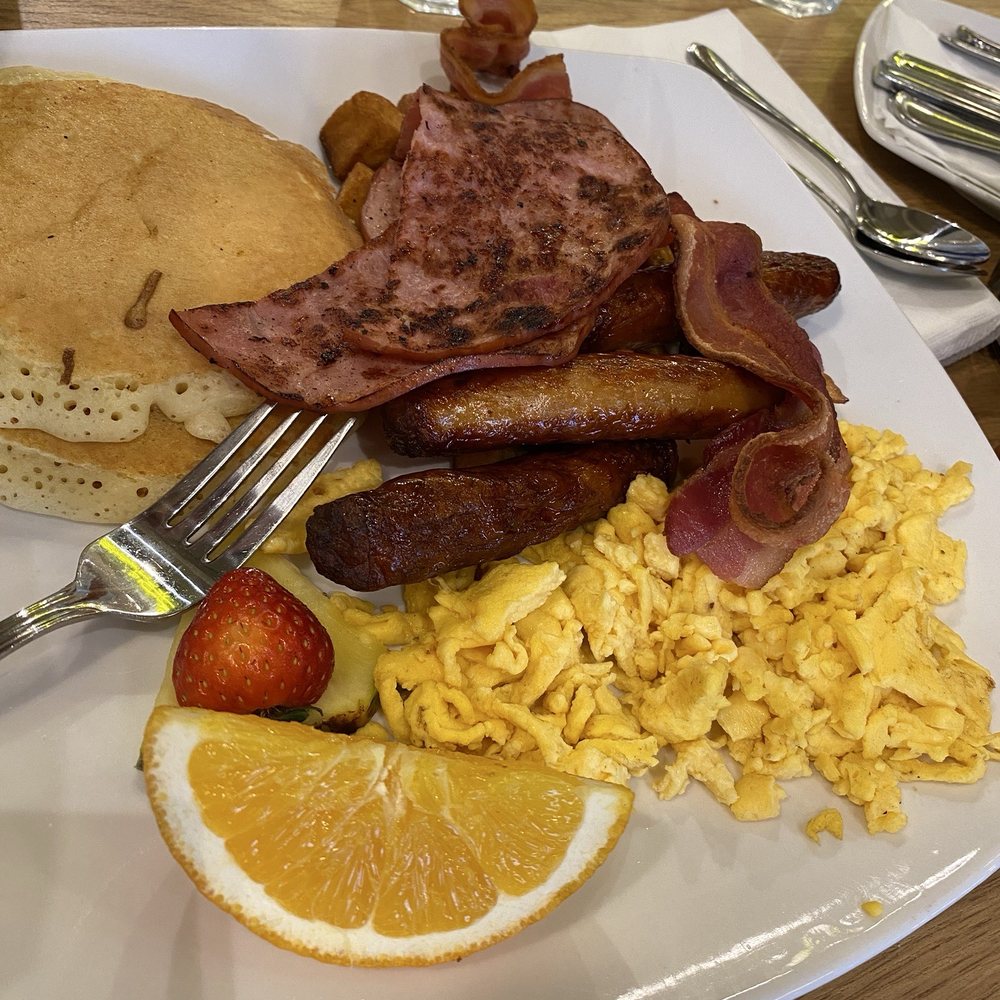 Pür & Simple - Ham, sausage, bacon with pancakes and scrambled eggs (kind of dry eggs) - Breakfast & Brunch Near Me - Vancouver, British Columbia Pür & Simple - Ham, sausage, bacon with pancakes and scrambled eggs (kind of dry eggs) - Breakfast & Brunch Near Me - Vancouver, British Columbia