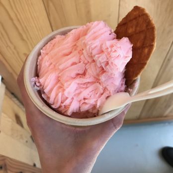 Powder - Strawberry powder ice cream with a waffle cookie on the side. - Desserts Near Me - San Francisco, California Powder - Strawberry powder ice cream with a waffle cookie on the side. - Desserts Near Me - San Francisco, California