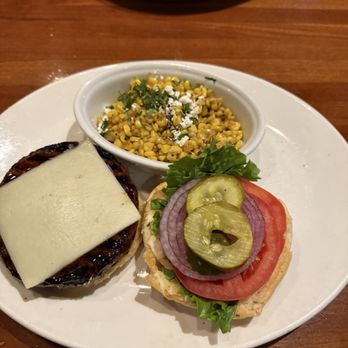 J. Alexander's - Veggie burger with Mexican corn side - New American Near Me - Palm Beach Gardens, Florida J. Alexander's - Veggie burger with Mexican corn side - New American Near Me - Palm Beach Gardens, Florida