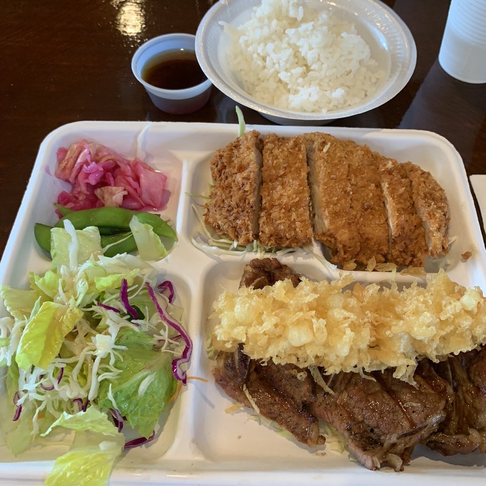 Kikuya - Lunch special: shrimp tempura, short ribs, and tonkatsu.  $14. - Japanese Near Me - Honolulu, Hawaii