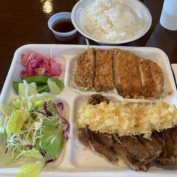 Kikuya - Lunch special: shrimp tempura, short ribs, and tonkatsu.  $14. - Japanese Near Me - Honolulu, Hawaii