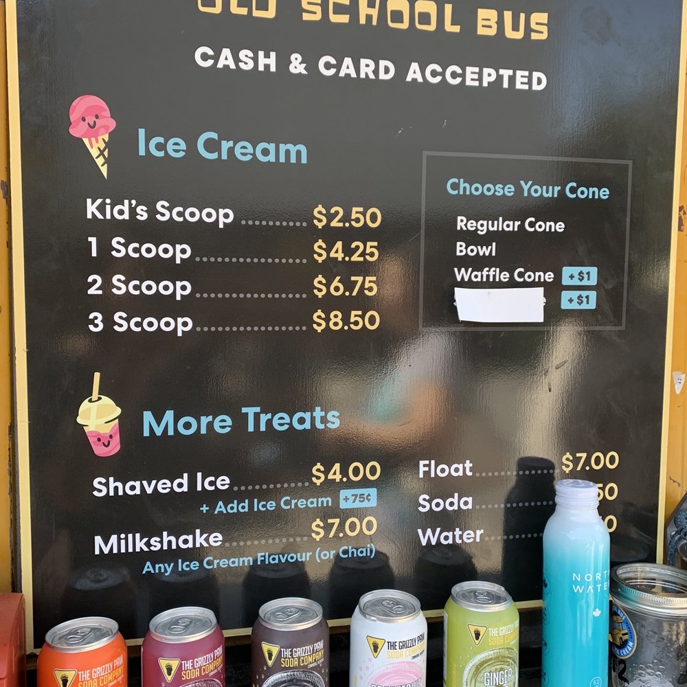 Old School Bus Ice Cream - Menu (8/2022) - Ice Cream & Frozen Yogurt Near Me - Canmore, Alberta