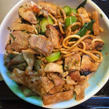 Jade Rabbit - Honey charred chicken, chinese broccoli on a bed of chow mein with wonton chips - Chinese Near Me - Santa Monica, California