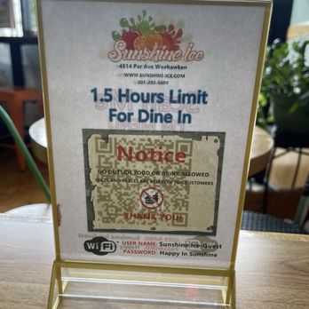 Sunshine Ice - 1 1/2 hour limit for dining sign - Juice Bars & Smoothies Near Me - Weehawken, New Jersey Sunshine Ice - 1 1/2 hour limit for dining sign - Juice Bars & Smoothies Near Me - Weehawken, New Jersey