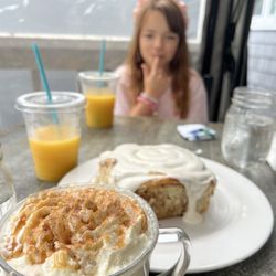 The Bee & the Biscuit - Butterbeer latte with a cinnamon roll large enough for the table to share.