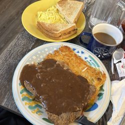 Not Justa Café - Country fried steak. Comes with hash browns (delicious), eggs, and toast.