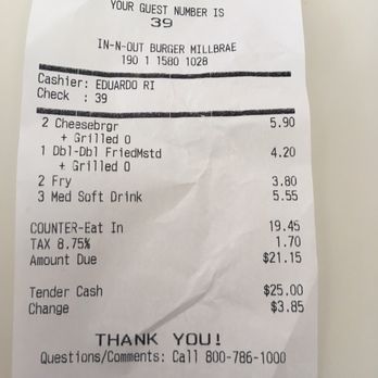 In-N-Out Burger - Our bill for 3 people - Fast Food Near Me - Millbrae, California In-N-Out Burger - Our bill for 3 people - Fast Food Near Me - Millbrae, California