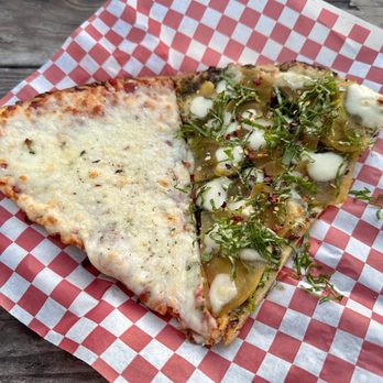Willamette Artisan Pizza - Cheese slice and Pistachio pesto slice - Pizza Near Me - Eugene, Oregon