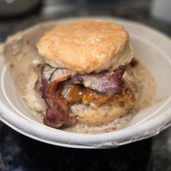 Denver Biscuit Co. - Colfax - The Franklin- Buttermilk Fried Chicken,  Bacon,  Cheddar Cheese bread and House Made Sausage Gravy - Sandwiches Near Me - Denver, Colorado