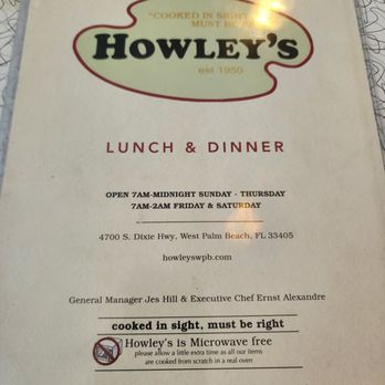 Howley's Restaurant - menu cover - Diners Near Me - West Palm Beach, Florida