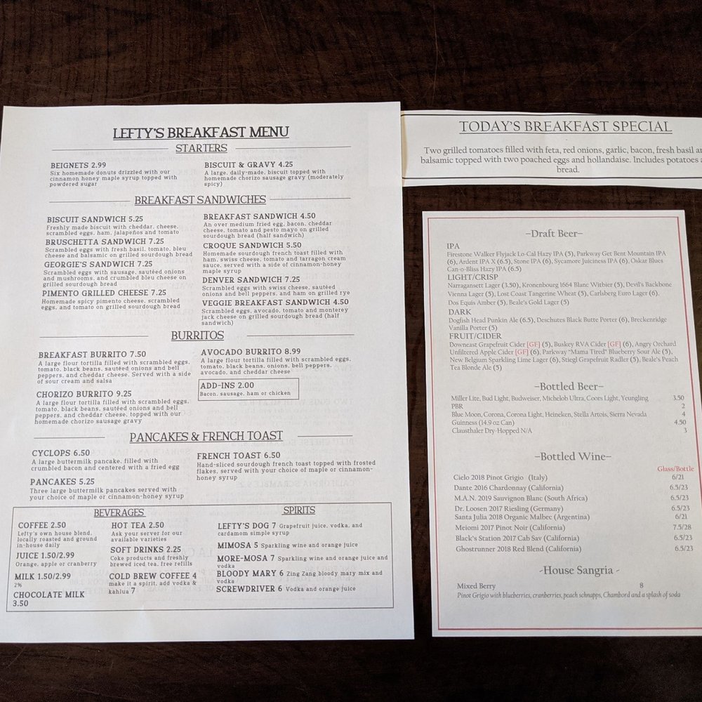 Lefty's Main Street Grille - Menu at Lefty's - Breakfast & Brunch Near Me - Blacksburg, Virginia