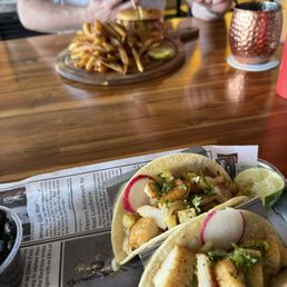 Kitchen sink burger and fish tacos