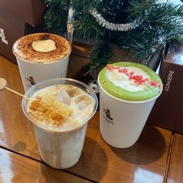 Pistachio donut latte, honeycomb latte (iced), Holiday Matcha