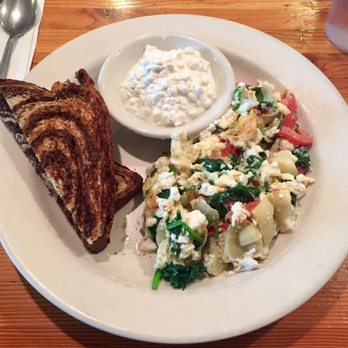 Genie's Cafe - Veggie scramble with side of cottage cheese and rye. Very healthy option! - New American Near Me - Portland, Oregon