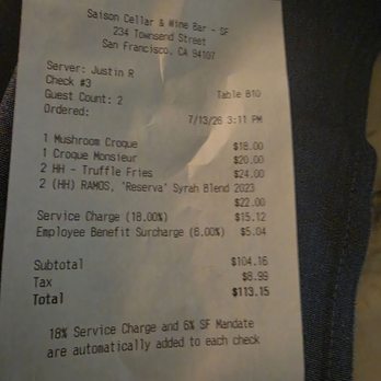 Saison - Reciept for 2 but spilt - Wine Bars Near Me - San Francisco, California Saison - Reciept for 2 but spilt - Wine Bars Near Me - San Francisco, California