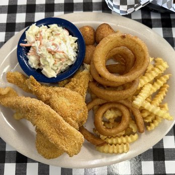 Sallie's Cafe - Southern Fried Catfish Special (sub beans for onion rings) - Breakfast & Brunch Near Me - Checotah, Oklahoma Sallie's Cafe - Southern Fried Catfish Special (sub beans for onion rings) - Breakfast & Brunch Near Me - Checotah, Oklahoma