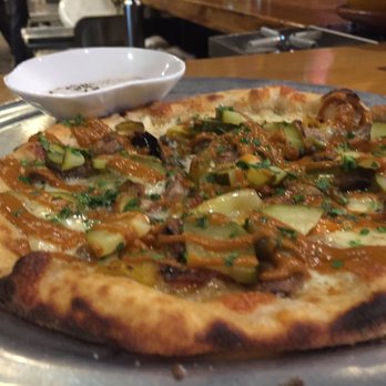 Odd Duck - Smoked fun guy pizza with charred peppers, scamorza - American Near Me - Austin, Texas