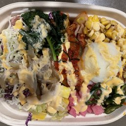 Rice bowl: purple rice, spicy pork, all the toppings. Spicy sauce Rice bowl: purple rice, spicy pork, all the toppings. Spicy sauce