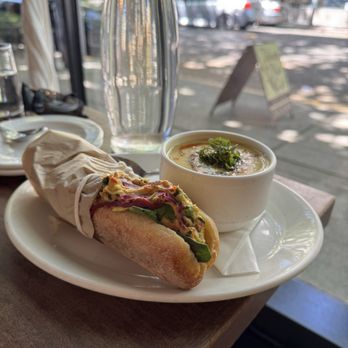 Tilikum Place Cafe - Salmon sandwich and corn soup - New American Near Me - Seattle, Washington Tilikum Place Cafe - Salmon sandwich and corn soup - New American Near Me - Seattle, Washington