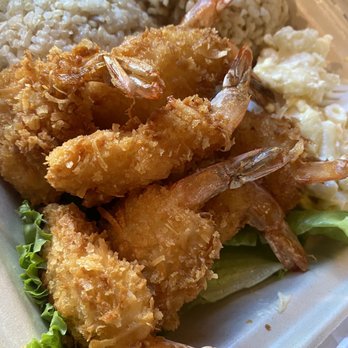Spitfire Rotisserie & Flatbread - 9/21/22 Close up "coconut shrimp with brown rice "Jumbo Shrimp" $13 - Hawaiian Near Me - Honolulu, Hawaii