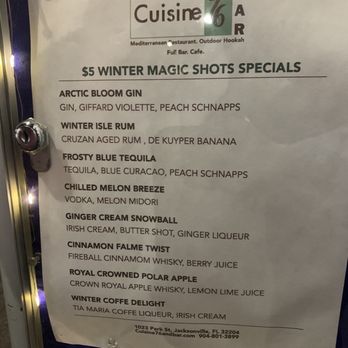 Cuisine 76 and Bar - Shot menu - Mediterranean Near Me - Jacksonville, Florida