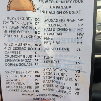 Willy's Empanada House - Sheet to identify your empenadas - Empanadas Near Me - Sedona, Arizona