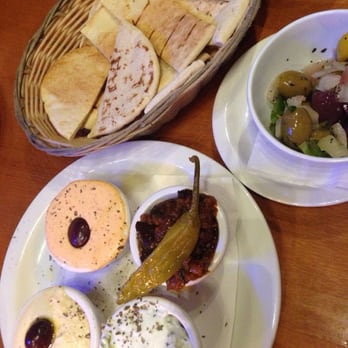 Dimitri's - Warm pitta bread with Hummus, Tzatziki, Baba Ganoush and Feta Cheese and Red Pepper Dips. - Greek Near Me - Manchester, XGM