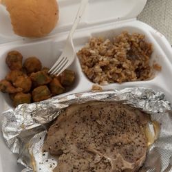 Lillie Ann Home Cooking - "Grilled" pork chops  Fried okra Rice and gravy  Roll