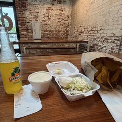 Veggie taco on corn tortilla(cantina and Tex-Mex style) with chips and queso