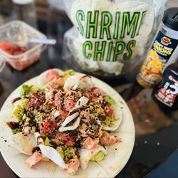 DIY Poke Nachos but with Foodland Furikake Shrimp Chips, Shoyu Ahi, Spicy Ahi, crispy onions, unagi sauce, avocado (Cali style)