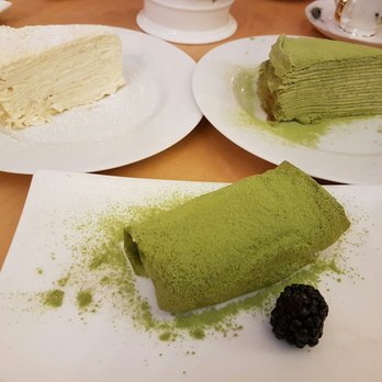 Prince Tea House - From left to right : Durian mille crepe, Green Tea mille crepe and Red Bean with green tea covering. - Tea Rooms Near Me - Flushing, New York