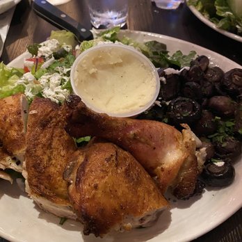Olive Pit Grill - Brea - roasted half chicken, Mediterranean salad with missing olives and cucumbers, roasted mushrooms. And the sad "garlic" sauce. - Greek Near Me - Brea, California Olive Pit Grill - Brea - roasted half chicken, Mediterranean salad with missing olives and cucumbers, roasted mushrooms. And the sad "garlic" sauce. - Greek Near Me - Brea, California