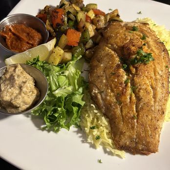 Olive & Fig Mediterranean Kitchen - Red snapper, sauces on side - good idea, the red sauce is spicy! - Mediterranean Near Me - Hilton Head Island, South Carolina Olive & Fig Mediterranean Kitchen - Red snapper, sauces on side - good idea, the red sauce is spicy! - Mediterranean Near Me - Hilton Head Island, South Carolina