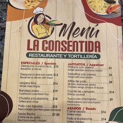La Consentida Restaurante y Tortillería - Front of menu