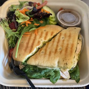 Dish Bistro - Pesto chicken panini and garden salad - Burgers Near Me - Mammoth Lakes, California Dish Bistro - Pesto chicken panini and garden salad - Burgers Near Me - Mammoth Lakes, California