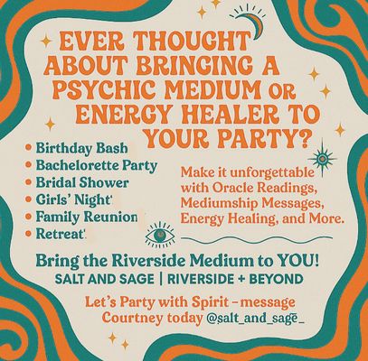 Group Events & Retreats - Meaningful experiences for your circle
From group mediumship readings to energy healing circles and transformational retreats, I create immersive, soul-nourishing experiences tailored to your needs. Perfect for birthdays, retreats, girls' nights, team wellness events, or anyone seeking connection and spiritual practice. Group Events & Retreats - Meaningful experiences for your circle
From group mediumship readings to energy healing circles and transformational retreats, I create immersive, soul-nourishing experiences tailored to your needs. Perfect for birthdays, retreats, girls' nights, team wellness events, or anyone seeking connection and spiritual practice.