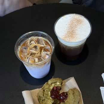 Frame Coffee Roasters - Americano with vanilla cold foam, ube latter, and matcha raspberry cookie - Coffee Roasteries Near Me - Vienna, Virginia