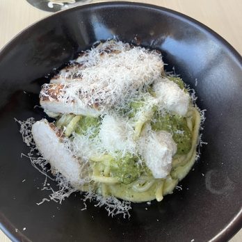 Malfi Enoteca - Bucatini with basil cream, pesto and whipped burrata- added chicken - Italian Near Me - Oklahoma City, Oklahoma Malfi Enoteca - Bucatini with basil cream, pesto and whipped burrata- added chicken - Italian Near Me - Oklahoma City, Oklahoma