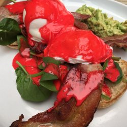 Cafe Lago - Eggs Benedict with beetroot hollandaise, bacon and avocado