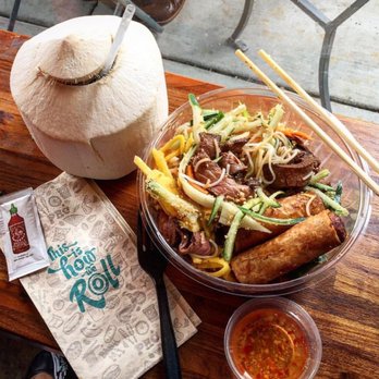 Roll Play - Beef noodle bowl with egg roll add ons and a fresh coconut water drink! Delish! - Vietnamese Near Me - Vienna, Virginia