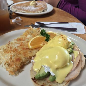 Old Monterey Cafe - Crab & Avocado Benedict; Chocolate Chip Pancakes, in the background! - Breakfast & Brunch Near Me - Monterey, California