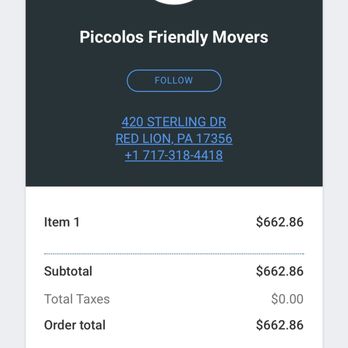 Piccolo's Friendly Movers - Amount we paid including a 3% credit card surcharge. - Movers Near Me Piccolo's Friendly Movers - Amount we paid including a 3% credit card surcharge. - Movers Near Me