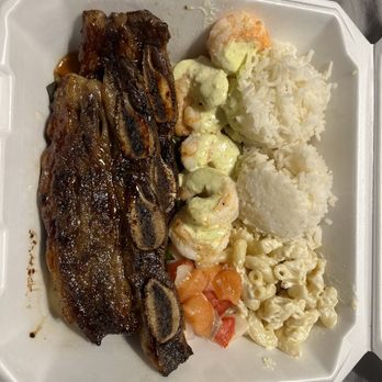 Hungry Monkey - Surf and Turf entree with jasmine rice, lomi salmon, and macaroni salad - Hawaiian Near Me - Joplin, Missouri