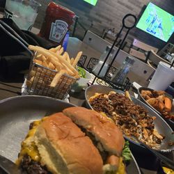 The League - Smash burger,  fries, chill cheese fries wings and the Raiders 3 and   Raaaaaaaaaaaiders!!!!.