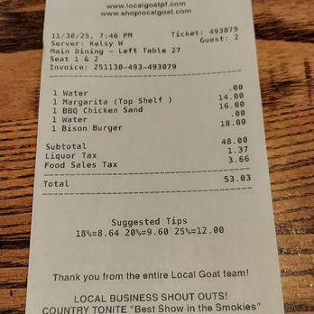 Local Goat - Receipt - New American Near Me - Pigeon Forge, Tennessee