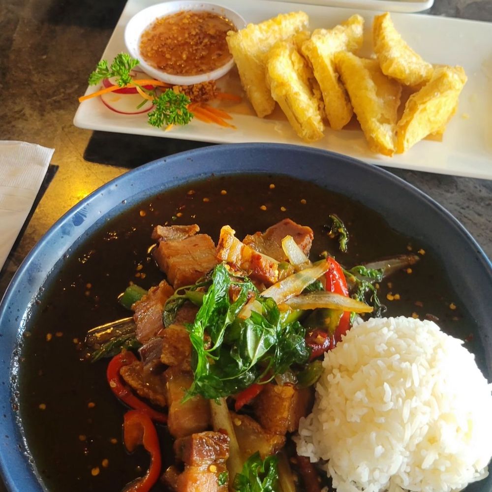 Papaya pad thai, crispy tofu, Basil crispy pork belly Papaya pad thai, crispy tofu, Basil crispy pork belly