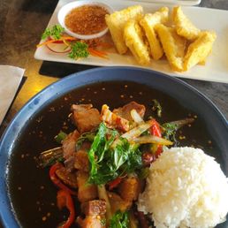Papaya pad thai, crispy tofu, Basil crispy pork belly Papaya pad thai, crispy tofu, Basil crispy pork belly
