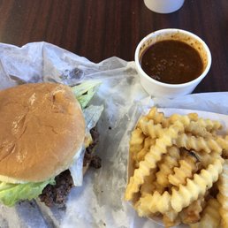 Double bacon cheeseburger and fries with chili Double bacon cheeseburger and fries with chili