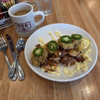 Big Bad Breakfast - Durham - Maybe the craziest (and most expensive) item on the menu, Fried Oyster Scramble "Hangtown Style". Oysters and spicy eggs and stuff. Nice! - Breakfast & Brunch Near Me - Durham, North Carolina